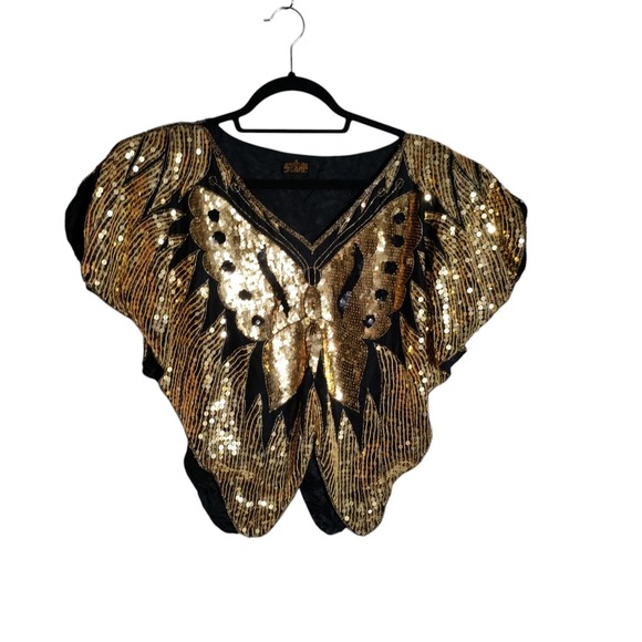 Vintage black Silk and Gold Sequin butterfly Top Size Small - Picture 1 of 6